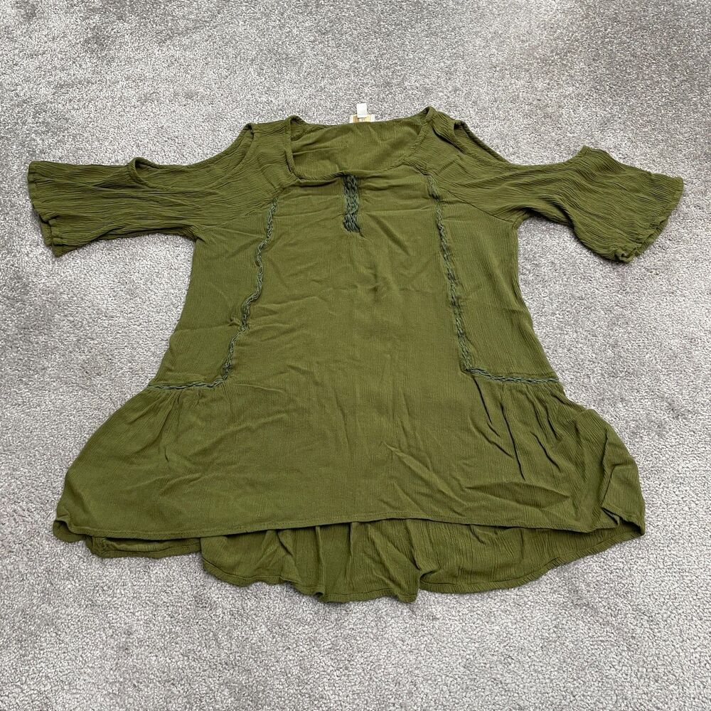 Cato Cold Shoulder Tunic Blouse Womens Large Green Embroidered Round Neck Casual